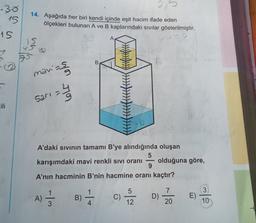 2,3
-30
15
14. Aşağıda her biri kendi içinde eşit hacim ifade eden
ölçekleri bulunan A ve B kaplarındaki sıvılar gösterilmiştir.
15
A
yu
B
mavi-
yor Ji
4
Saria
b
-
A'daki sivinin tamamı B'ye alındığında oluşan
5
karışımdaki mavi renkli sivi oranı olduğuna göre,
9
A'nın hacminin B'nin hacmine oranı kaçtır?
1
7
3
A)
a
B)
c)
C
5
12
D)
E)
3
20
10