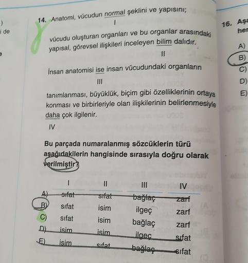 14. Anatomi, vücudun normal şeklini ve yapısını;
)
i de
16. Aşa
her
vücudu oluşturan organları ve bu organlar arasındaki
yapısal, görevsel ilişkileri inceleyen bilim dalıdır.
A)
II
B)
Insan anatomisi ise insan vücudundaki organların
C)
D)
E)
tanımlanması,