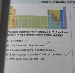 ATOM VE PERİYODİK SİSTEM
10
T
N
X
Y
Periyodik sistemde yerleri belirtilen X, Y, Z ve T ele-
mentleri ile ilgili aşağıdakilerden hangisi yanlıştır?
A) X ametaldir.
B) Y ve Z arasında bileşik oluşmaz.
C) T bileşiklerinde daima -1 değerliğini alır. V
D) Z'nin 1. iyonlaşma enerjisi Y'ninkinden büyüktür.
E) Atom hacmi en büyük olan Y'dir.
✓
