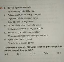 11. Bir yara açar boyunlarında
)
Kol kola durup bağırdıklarında
II. Geliyor üstümüze bir Yakup titremesi
Değişimin belirtisi şapkanın ironisi
Kutlu öğleüstü ve akşamüstü
III. Ta kendisi diyor taa oradaki hayaline
Yaklaşmak istiyorum bir kaçıyor ki o da
IV. İnsanın en çok kalbi temiz olmalıdır
Tüm organlarımıza buyuran bir güç var onda
V. Kutsal inadı olanlar gerekli
Bir kalbi daha olanlar gerekli
Yukarıdaki dizelerdeki fiilimsiler türlerine göre eşleştirildik-
lerinde hangisi dışarıda kalır?
A) I
B) II C) III
D) IV E) V
"