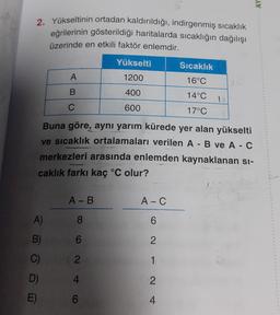 AY
2. Yükseltinin ortadan kaldırıldığı, indirgenmiş sıcaklık
eğrilerinin gösterildiği haritalarda sıcaklığın dağılışı
üzerinde en etkili faktör enlemdir.
Yükselti
Sıcaklık
A
1200
16°C
B
400
14°C
1
C
600
17°C
Buna göre, aynı yarım kürede yer alan yükselti
ve sıcaklık ortalamaları verilen A - B ve A-C
merkezleri arasında enlemden kaynaklanan si-
caklık farkı kaç °C olur?
A-B
A-C
A)
8
6
B)
6
2
C)
2
ANNO
D)
4
2
E)
6
4