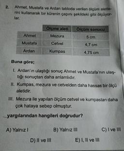 2.
Ahmet, Mustafa ve Ardan tabloda verilen ölçüm aletle-
rini kullanarak bir kürenin çapını şekildeki gibi ölçüyor-
lar.
Ölçme aleti
Ölçüm sonucu
Ahmet
Mezura
5 cm
Mustafa
Cetvel
4,7 cm
Ardan
Kumpas
4,75 cm
Buna göre;
I. Ardan'ın ulaştığı sonuç Ahmet ve Mustafa'nın ulaş-
tığı sonuçtan daha anlamlıdır.
II. Kumpas, mezura ve cetvelden daha hassas bir ölçü
aletidir.
III. Mezura ile yapılan ölçüm cetvel ve kumpastan daha
çok hataya sebep olmuştur.
yargılarından hangileri doğrudur?
A) Yalnız!
B) Yalnız III
C) I ve III
D) II ve III
E) I, II ve III
