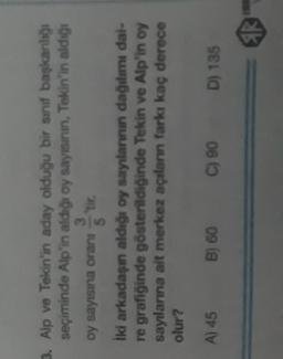 3. Alp ve Tekin'in aday olduğu bir sinif başkanlığı
seçiminde Alp'in aldığı oy sayısının, Tekin'in aldığı
3
oy sayısına oranı tir,
iki arkadaşın aldığı oy sayılarının dağıtımı dal-
re grafiğinde gösterildiğinde Tekin ve Alp'in oy
sayılarına ait merkez açıların farkı kaç derece
olur?
A) 45 B) 60
C) 90
D) 135
ER

