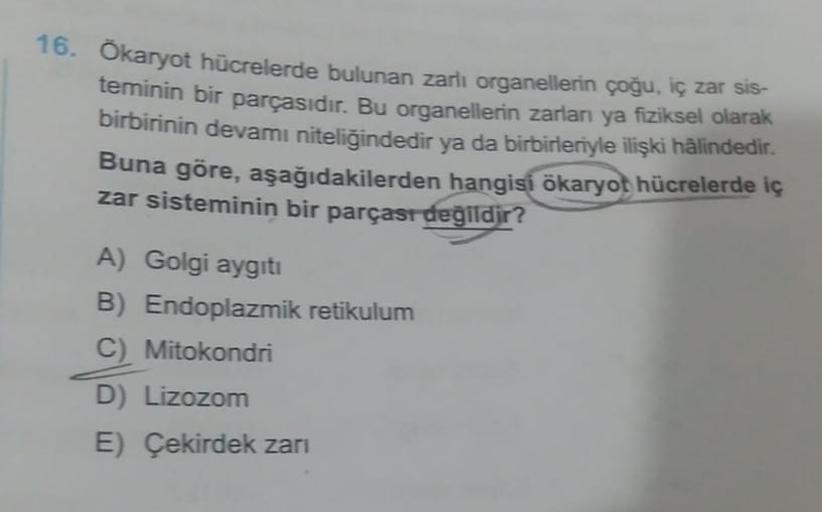 16. Ökaryot hücrelerde bulunan zarli organellerin çoğu, iç zar sis-
teminin bir parçasıdır. Bu organellerin zarları ya fiziksel olarak
birbirinin devamı niteliğindedir ya da birbirleriyle ilişki hâlindedir.
Buna göre, aşağıdakilerden hangisi ökaryot
hücrel