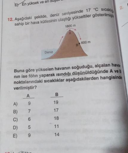 EY En yüksek ve en
2.
12. Aşağıdaki şekilde, deniz seviyesinde 17 °C sıcaklı
sahip bir hava kütlesinin ulaştığı yükseltiler gösterilmişti
1600 m
600 m
8
Deniz
Buna göre yükselen havanın soğuduğu, alçalan hava
nin ise föhn yaparak isindığı düşünüldüğünde A 