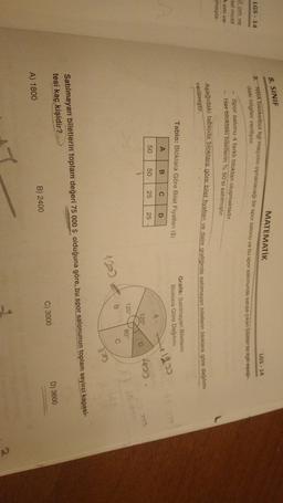 8. SINIF
MATEMATİK
NBA basketbol ligi macının oynanacaq bir spor salonu ve bu spor salonunda satisa ikan bili
LGS - 14
LGS - 14
daki bilgiler veriliyor.
2 cm ve
tel motif
4 om ve
maşla-
Spor salonu 4 farklı bloktan oluşmaktadır.
Her bloktaki biletlerin %50'si satılmıştır
Aşağıdaki tabloda bloklara göre bilet fiyatları ve daire gratiğinde satılmayan biletlerin bloklara göre dağilure
verilmiştir.
Tablo: Bloklara Göre Bilet Fiyatlan (S)
Grafik: Satilmayan Biletlerin
Bloklara Göre Dağılımı
A
1903
B
c
D
A
50
50
25
25
120
D
X
120
80
B.
c
Satılmayan biletlerin toplam değeri 75 000 $ olduğuna göre, bu spor salonunun toplam seyirci kapasi-
tesi kaç kişidir?
D) 3600
C) 3000
B) 2400
A) 1800
