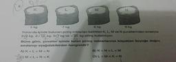 L
M
N
5 kg
7 kg
8 kg
6 kg
Yukarıda içinde bulunan pirinç miktarları belirtilen K, L, M ve N çuvallarından sırasıyla
276 kg, 212 kg. 3/7 kg ve 35 kg pirinç kullanılıyor.
7
Buna göre, çuvallar içinde kalan pirinç miktarlarının küçükten büyüğe doğru
sıralanışı aşağıdakilerden hangisidir?
A) K <L«M<<N
B) K N L M
C) M <LN <K
D) L <M K<N
