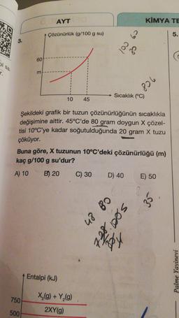 AYT
KİMYA TE
Çözünürlük (g/100 g su)
09
5.
5
3.
103
60
al sa
r.
m
806
Sıcaklık (°C)
10
45
Şekildeki grafik bir tuzun çözünürlüğünün sıcaklıkla
değişimine aittir. 45°C'de 80 gram doygun X çözel-
tisi 10°C'ye kadar soğutulduğunda 20 gram X tuzu
çöküyor.
Buna göre, X tuzunun 10°C'deki çözünürlüğü (m)
kaç g/100 g su'dur?
A) 10 B) 20 C) 30
D) 40 E) 50
43 80
sed et
These
Palme Yayinevi
Entalpi (kJ)
750
X,(g) + Y (9)
2XY(9)
500
