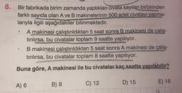 8.
Bir fabrikada birim zamanda yaptıkları civata sayıları birbirinden
farklı sayıda olan A ve B makinelerinin 500 adet civatayı yapma-
larıyla ilgili aşağıdakiler bilinmektedir.
A makinesi çalıştırıldıktan 5 saat sonra B makinesi de çalış-
tırılırsa, bu civatalar toplam 9 saatte yapılıyor.
B makinesi çalıştırıldıktan 5 saat sonra A makinesi de çalış-
tırılırsa, bu civatalar toplam 8 saatte yapılıyor.
Buna göre, A makinesi ile bu civatalar kaç saatte yapılabilir?
A) 6
B) 8
C) 12
E) 16
D) 15
