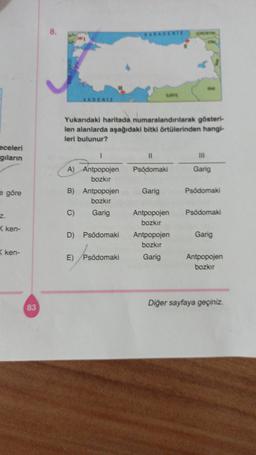 8.
RA
SURVE
AKDENIZ
Yukarıdaki haritada numaralandırılarak gösteri-
len alanlarda aşağıdaki bitki örtülerinden hangi-
leri bulunur?
eceleri
giların
1
11
III
Psödomaki
Garig
e göre
A) Antpopojen
bozkır
B) Antpopojen
bozkır
C) Garig
Garig
Psödomaki
z.
Psödomaki
<ken-
D)
Psödomaki
Antpopojen
bozkır
Antpopojen
bozkır
Garig
Garig
<ken-
E)
Psödomaki
Antpopojen
bozkır
Diğer sayfaya geçiniz.
83
