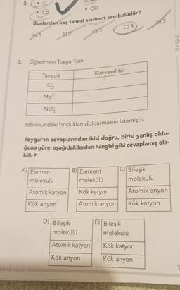 2.
Bunlardan kaç tanesi element sembolüdür?
E) 5
D) 4
C) 3
A) 1
B) 2
tonguç
3.
Öğretmeni Toygar'dan
Tanecik
Kimyasal tür
03
Mg2+
NO3
tablosundaki boşlukları doldurmasını istemiştir.
Toygar'ın cevaplarından ikisi doğru, birisi yanlış oldu-
ğuna göre, aşağıdakilerden hangisi gibi cevaplamış ola-
bilir?
A) Element
B) Element
molekülü
C) Bileşik
molekülü
molekülü
Atomik katyon
Kök katyon
Atomik anyon
Kök anyon
Atomik anyon
Kök katyon
D) Bileşik
E) Bileşik
molekülü
molekülü
Atomik katyon
Kök katyon
Kök anyon
Kök anyon
tongue
1
