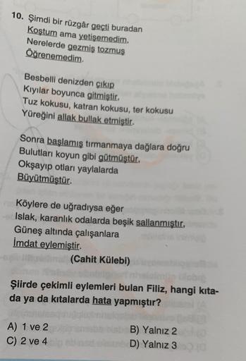 10. Şimdi bir rüzgâr geçti buradan
Koştum ama yetişemedim,
Nerelerde gezmiş tozmuş
Öğrenemedim
Besbelli denizden çıkıp
Kıyılar boyunca gitmiştir.
Tuz kokusu, katran kokusu, ter kokusu
Yüreğini allak bullak etmiştir.
Sonra başlamış tırmanmaya dağlara doğru