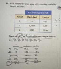10. Bazı kristallerde türler arası çekim enerjileri aşağıdaki
tabloda verilmiştir.
eis
Yayinlar
Çekim enerjisi (kJ/mol)
Kristal
Dipol-dipol
London
Xo
x
0
8,49
Y
0,0004
8,74
N
0,025
27,90
Buna göre X, Yve Z aşağıdakilerden hangisi olabilir?
GH, 2C, 160, 195, 19C1, 18 Ar, 35 Br, 1331)
17
12
35
80
127
X
Y
z
H20
HBr
HCI
HA
A) CO2
B) HI
C CH4
D)
CH4
E) H2O
HE
HI
CO
HI
CO