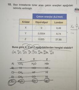 10. Bazı kristallerde türler arası çekim enerjileri aşağıdaki
tabloda verilmiştir.
eis
Yayinlar
Çekim enerjisi (kJ/mol)
Kristal
Dipol-dipol
London
Xo
x
0
8,49
Y
0,0004
8,74
N
0,025
27,90
Buna göre X, Yve Z aşağıdakilerden hangisi olabilir?
GH, 2C, 160, 195, 19C1, 18 Ar, 35 Br, 1331)
17
12
35
80
127
X
Y
z
H20
HBr
HCI
HA
A) CO2
B) HI
C CH4
D)
CH4
E) H2O
HE
HI
CO
HI
CO
