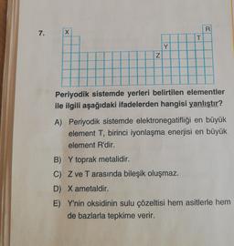 R
7.
x
T
Y
N
Periyodik sistemde yerleri belirtilen elementler
ile ilgili aşağıdaki ifadelerden hangisi yanlıştır?
A) Periyodik sistemde elektronegatifliği en büyük
element T, birinci iyonlaşma enerjisi en büyük
element R'dir.
B) Y toprak metalidir.
C) Z ve T arasında bileşik oluşmaz.
D) X ametaldir.
E) Y'nin oksidinin sulu çözeltisi hem asitlerle hem
de bazlarla tepkime verir.