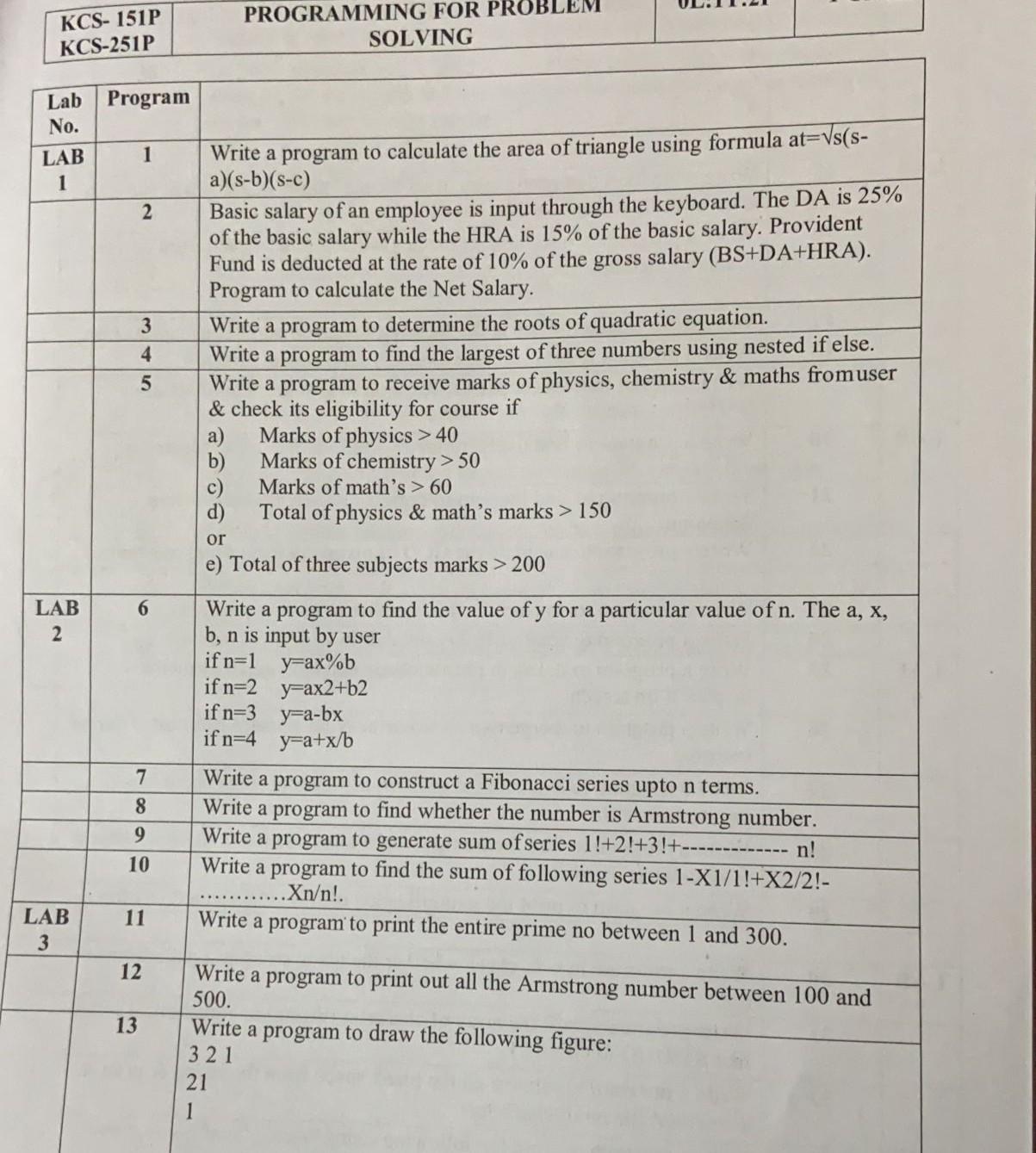 KCS 151P KCS 251P PROGRAMMING FOR PROBLEM Physical Chemistry