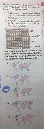 M
Bir akarsuyun debisi ile o akarsuyun biriktir-
mesi sonucu oluşturduğu yüzey şeklinin ya-
pisi arasında bağlantı vardır.
Küçük boyutlu materyallerden oluşan
tabaka sayısı akarsu akımını kaç kez
azaldığını,
büyük boyutlu materyallerden oluşan
tabaka sayıs