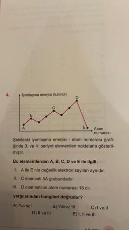 4.
İyonlaşma enerjisi (kJ/mol
C
B
A
EO
Atom
numarası
Şekildeki iyonlaşma enerjisi - atom numarası grafi-
ğinde 3. ve 4. periyot elementleri noktalarla gösteril-
miştir.
Bu elementlerden A, B, C, D ve E ile ilgili;
1. A ile E nin değerlik elektron sayıları aynıdır.
II. C elementi 5A grubundadır.
III. D elementinin atom numarası 18 dir.
yargılarından hangileri doğrudur?
A) Yalnız
B) Yalnız III C) I ve 11
E) I, II ve III
D) II ve III
niu