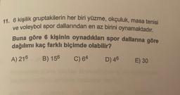 11. 6 kişilik gruptakilerin her biri yüzme, okçuluk, masa tenisi
ve voleybol spor dallarından en az birini oynamaktadır.
Buna göre 6 kişinin oynadıkları spor dallarına göre
dağılımı kaç farklı biçimde olabilir?
A) 216
B) 156
C) 64
D) 46
E) 30
