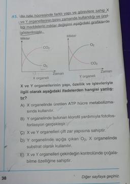 25. Bir bitki hücresinde farklı yapı ve görevlere sahip X
ve Yorganellerinin birim zamanda kullandığı ve üret-
tiği maddelerin miktar değişimi aşağıdaki grafiklerde
gösterilmiştir.
Miktar
Miktar
O2
CO2
CO2
Zaman
Zaman
X organeli
Y organeli
X ve Y organellerinin yapı, özellik ve işlevleriyle
ilgili olarak aşağıdaki ifadelerden hangisi yanlış-
tir?
A) X organelinde üretilen ATP hücre metabolizma-
sinda kullanılır.
B) Y organelinde bulunan klorofil yardımıyla fotofos-
forilasyon gerçekleşir. V
C) X ve Y organelleri çift zar yapısına sahiptir.
b) Y organelinde açığa çıkan O2, X organelinde
substrat olarak kullanılır.
E) X ve Yorganelleri çekirdeğin kontrolünde çoğala-
bilme özelliğine sahiptir.
38
Diğer sayfaya geçiniz.
