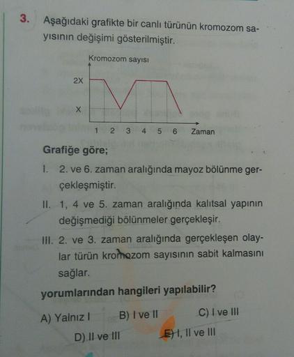 3.
Aşağıdaki grafikte bir canlı türünün kromozom sa-
yisinin değişimi gösterilmiştir.
Kromozom sayısı
2x
X
1
2 3 4 5 6
Zaman
Grafiğe göre;
1. 2. ve 6. zaman aralığında mayoz bölünme ger-
çekleşmiştir.
II. 1, 4 ve 5. zaman aralığında kalıtsal yapının
değişm