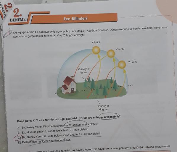 ENEME
2.
DENEME
Fen Bilimleri
Güneş ışınlarının bir noktaya geliş açısı yıl boyunca değişir. Aşağıda Güneş'in, Dünya üzerinde verilen bir eve karşı konumu ve
konumların gerçekleştiği tarihler X, Y ve Z ile gösterilmiştir.
X tarihi
Y tarihi
Z tarihi
Güneş'i