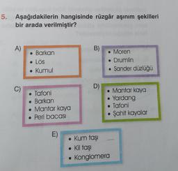 5. Aşağıdakilerin hangisinde rüzgâr aşınım şekilleri
bir arada verilmiştir?
A)
B)
• Barkan
. Lös
• Kumul
• Moren
• Drumlin
• Sander düzlüğü
C)
D)
• Tafoni
• Barkan
Mantar kaya
• Peri bacası
• Mantar kaya
• Yardang
• Tafoni
Şahit kayalar
E)
• Kum taşi
• Kil taşi
• Konglomera
