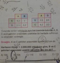 5
IS
6!
Fla
25
56
8S
62
38
63
39
AB
A D
C
8,2
X
B
2,8
8,6
D
11,4
8,61
C
8,2
3,2
Yukarıda verilen tablolarda aynı hat üzerinde bulunan A, B,
C ve D şehirleri arasındaki uzaklıklar bir haritada santimet-
re cinsinden verilmiştir.
66
68
Örneğin; A ve C şehirleri arasındaki uzakhk 8,2 cm dir.
xau
Haritanın ölçeği 1: 2.000.000 olduğuna göre, B ve C
şehirleri arasındaki uzaklık gerçekte kac km dir?
A) 100
B) 108
B
B
D) 120 E) 132
218
A9116
+
