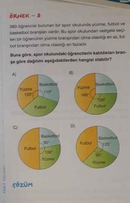 ÖRNEK - 8
360 ogrencisi bulunan bir spor okulunda yüzme, futbol ve
basketbol branşlar vardır. Bu spor okulundan rastgele seçi-
len bir öğrencinin yüzme branşindan olma olasılığı en az, fut-
bol branişindan olma olasıligi en fazladır.
Buna göre, spor okulundaki öğrencilerin katıldıkları bran-
ya göre dağılımı aşağıdakilerden hangisi olabilir?
A)
B)
Basketbol
Yüzme
120
Basketbol
110
Yüzme
160
Door
Futbol
Futbol
D)
Basketbol
80
Futbol
Basketbol
125
Futbol
100
Yüzme
95
Yüzme
ANIT Paint
ÇÖZÜM