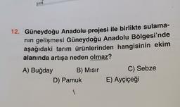 12. Güneydoğu Anadolu projesi ile birlikte sulama-
nin gelişmesi Güneydoğu Anadolu Bölgesi'nde
aşağıdaki tarım ürünlerinden hangisinin ekim
alanında artışa neden olmaz?
A) Buğday
B) Misir
C) Sebze
D) Pamuk E) Ayçiçeği
