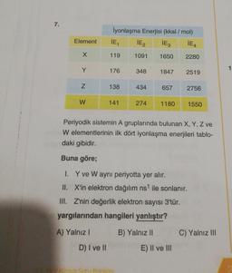 7.
iyonlaşma Enerjisi (kkal / mol)
IE IEZ IE
Element
IEA
X
119
1091
1650
2280
Y
176
348
1847
2519
N
138
434
657
2756
W
141
274
1180
1550
Periyodik sistemin A gruplarında bulunan X, Y, Z ve
W elementlerinin ilk dört iyonlaşma enerjileri tablo-
daki gibidir.
Buna göre;
I. Y ve W aynı periyotta yer alır.
II. X'in elektron dağılım ns1 ile sonlanır.
III. Z'nin değerlik elektron sayısı 3'tür.
yargılarından hangileri yanlıştır?
A) Yalnız!
B) Yalnız II
C) Yalnız III
D) I ve II
E) Il ve III