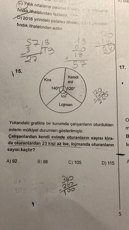 A) 550
C) Yillik ortalama patalse that could pugnik euremena
findik ithalatından fazladie.
D) 2016 yılındaki patates ithalal, 2017 ytteradenke,
findik ithalatından azdır.
19
Tg
37
my
20
18
57
17.
15.
Kira
Kendi
evi
140° (120°
120
100
Lojman
267
Yukarıdaki grafikte bir kurumda çalışanların oturdukları
evlerin mülkiyet durumları gösterilmiştir.
Çalışanlardan kendi evinde oturanların sayısı kira-
da oturanlardan 23 kişi az ise, lojmanda oturanların
sayısı kaçtır?
O E =
B
A) 92
B) 98
C) 105
D) 115
A
360
BE
26
12
100
5
