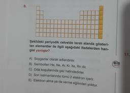 8.
Şekildeki periyodik cetvelde taralı alanda gösteri-
len elementler ile ilgili aşağıdaki ifadelerden han-
gisi yanlıştır?
11.
eis
Yoyunlar
A) Soygazlar olarak adlandırılır.
B) Sembolleri He, Ne, Ar, kr, Xe, Rn dir.
C) Oda koşullarında gaz halindedirler.
D) Son katmanlarında tümü 2 elektron içerir.
E) Elektron alma ya da verme eğilimleri yoktur.