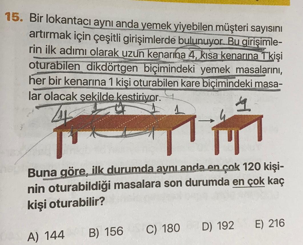 15. Bir lokantacı aynı anda yemek yiyebilen müşteri sayısını
artırmak için çeşitli girişimlerde bulunuyor. Bu girişimle-
rin ilk adımı olarak uzun kenarına 4, kısa kenarına Tkişi
oturabilen dikdörtgen biçimindeki yemek masalarını,
her bir kenarina 1 kişi o