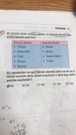 DENEME - 2
19
Bir okulda açılan zorunlu dersler ve seçmeli dersler aşa-
ğıdaki tabloda verilmiştir.
Zorunlu dersler
Seçmeli dersler
• Resim
• Türkçe
• Matematik
• Müzik
• Fizik
• Beden Eğitim
• Trafik
• Kimya
• Biyoloji
Bu derslerden en az 1 tanesi seçmeli ders ve en az 3
tanesi zorunlu ders olmak koşuluyla 5 ders kaç farklı
şekilde seçilebilir?
80 B) 90 C) 100 D) 120 E) 150
712
62
48
B
