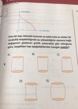 OOOO
Yükseklik
1
0
Zaman
Dolu bir kap, tabanda bulunan ve sabit hızla su akıtan bir
muslukla boşaltıldığında su yüksekliğinin zamana bağlı
değişimini gösteren grafik yukarıdaki gibi olduğuna
göre, boşaltılan kap aşağıdakilerden hangisi olabilir?
A)
B)
C)
D)
E)
