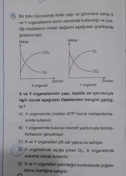 5. Bir bitki hücresinde farklı yapı ve görevlere sahip x
ve Yorganellerinin birim zamanda kullandığı ve üret-
tiği maddelerin miktar değişimi aşağıdaki grafiklerde
gösterilmiştir.
Miktar
Miktar
O2
CO2
- O2
CO2
Zaman
Zaman
X organeli
Y organeli
X ve Y organellerinin yapı, özellik ve işlevleriyle
ilgili olarak aşağıdaki ifadelerden hangisi yanlış-
tır?
A) X organelinde üretilen ATP hücre metabolizma-
sında kullanılır.
B) Y organelinde bulunan klorofil yardımıyla fotofos-
forilasyon gerçekleşir.
C) X ve Y organelleri çift zar yapısına sahiptir.
D) Y organelinde açığa çıkan O2, X organelinde
substrat olarak kullanılır.
E) X ve Yorganelleri çekirdeğin kontrolünde çoğala-
bilme özelliğine sahiptir.
