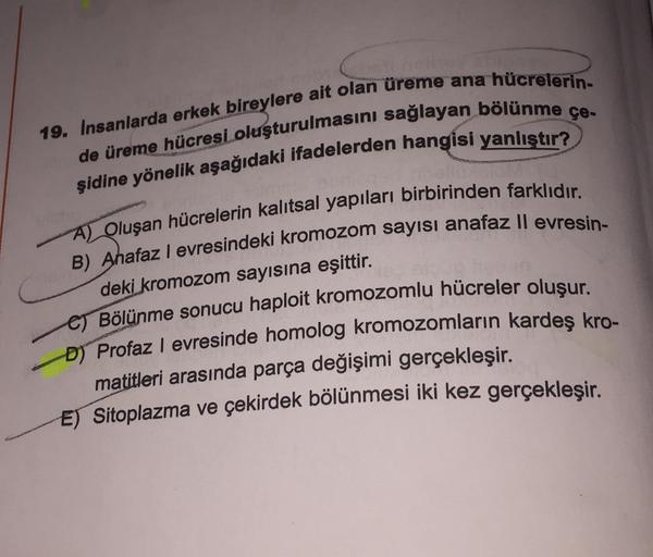 19. Insanlarda erkek bireylere ait olan üreme ana hücrelerin-
de üreme hücresi oluşturulmasını sağlayan bölünme çe-
şidine yönelik aşağıdaki ifadelerden hangisi yanlıştır?
A) Oluşan hücrelerin kalıtsal yapıları birbirinden farklıdır.
B) Anafaz l evresindek