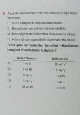 16. Aşağıda mikrofilament ve mikrotübüllerle ilgili bilgiler
verilmiştir
1. Sil ve kamçıların oluşumunda etkilidir,
II. Endositozun gerçekleşmesinde etkilidir.
III. Ince bağırsakta mikrovillus oluşumunda etkilidir.
IV. Hücre içinde organellerin taşınmasında etkilidir.
Buna göre verilenlerden hangileri mikrofilament,
hangileri mikrotübüllerle ilgilidir?
Mikrotübül
Mikrofilament
I ve II
A)
III ve IV
B)
I ve Ill
Il ve IV
C)
I ve IV
Il ve III
Il ve IV
D)
I ve III
E)
III ve IV
I ve II
