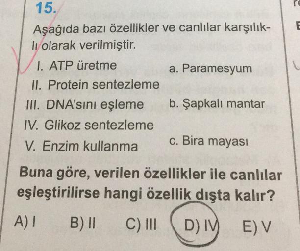 re
E
L
15.
Aşağıda bazı özellikler ve canlılar karşılık-
li olarak verilmiştir.
1. ATP üretme
a. Paramesyum
II. Protein sentezleme
III. DNA'sini eşleme b. Şapkalı mantar
IV. Glikoz sentezleme
c. Bira mayası
V. Enzim kullanma
Buna göre, verilen özellikler i