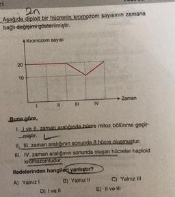 ri
2n
Aşağıda diploit bir hücrenin kromozom sayısının zamana
bağlı değişimi gösterilmiştir.
Kromozom sayısı
20
10
→ Zaman
11
III
IV
Buna göre,
1. I ve II. zaman aralığında hücre mitoz bölünme geçir-
miştir.
II. III. zaman aralığının sonunda 8 hücre olusmustur.
III. IV. zaman aralığının sonunda oluşan hücreler haploid
kromozomludur.
ifadelerinden hangileri yanlıştır?
A) Yalnız!
B) Yalnız II
C) Yalnız III
E) Il ve III
D) I ve II
