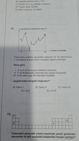 B) Degerlik elektron sayısı 3 tür.
C) Oksijen ile X,O, bileşiğini oluşturur.
D) Toprak alkali metaldir.
E) Atom numarası 13 olabilir.
12.
1. Iyonlaşma enerjisi (kJ. mol-1)
Atom numarası
10
Yukarıdaki grafikte periyodik sistemin ilk 10 elementinin
1. iyonlaşma enerjisi-atom numarası ilişkisi verilmiştir.
Buna göre,
1. X ve Z nin kimyasal özellikleri benzerdir.
II. Y ve M periyodik sistemde aynı grupta bulunurlar.
III. Z nin atom çapı M ninkinden küçüktür.
yargılarından hangileri doğrudur?
C) Yalnız III
A) Yalnız!
D) I ve II
B) Yalnız 11
E) I ve III
13.
T
X
Z
Yukarıdaki periyodik sistem kesitinde yerleri gösterilen
elementler ile ilgili aşağıdaki ifadelerden hangisi yanlıştır?
