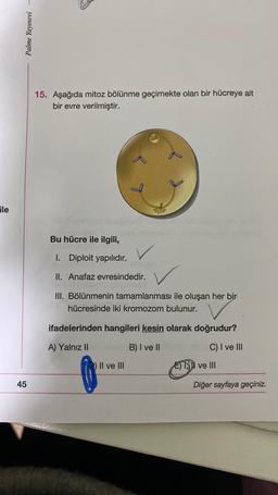 Palme Yayınevi
15. Aşağıda mitoz bölünme geçirnekte olan bir hücreye ait
bir evre verilmiştir.
ile
Erow
Bu hücre ile ilgili,
I. Diploit yapılıdır.
II. Anafaz evresindedir.
III. Bölünmenin tamamlanması ile oluşan her bir
hücresinde iki kromozom bulunur.
ifadelerinden hangileri kesin olarak doğrudur?
A) Yalnız II
B) I ve II
C) I ve III
Il ve III
E) I ve III
45
Diğer sayfaya geçiniz.
