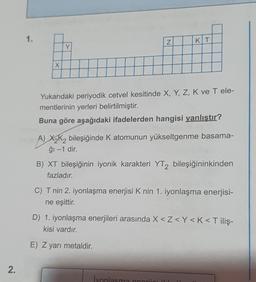 1.
Z
KIT
Y
X
Yukarıdaki periyodik cetvel kesitinde X, Y, Z, K ve T ele-
mentlerinin yerleri belirtilmiştir.
Buna göre aşağıdaki ifadelerden hangisi yanlıştır?
A) X K2 bileşiğinde K atomunun yükseltgenme basama-
ğı -1 dir.
B) XT bileşiğinin iyonik karakteri YT2 bileşiğininkinden
fazladır.
C) T nin 2. iyonlaşma enerjisi K nin 1. iyonlaşma enerjisi-
ne eşittir.
D) 1. iyonlaşma enerjileri arasında X<Z<Y<< T iliş-
kisi vardır.
E) Z yarı metaldir.
2.
Ivonlasma