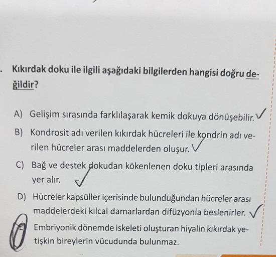 . Kıkırdak doku ile ilgili aşağıdaki bilgilerden hangisi doğru de-
ğildir?
A) Gelişim sırasında farklılaşarak kemik dokuya dönüşebilir.
. V
B) Kondrosit adı verilen kıkırdak hücreleri ile kondrin adı ve-
rilen hücreler arası maddelerden oluşur.
C) Bağ ve d