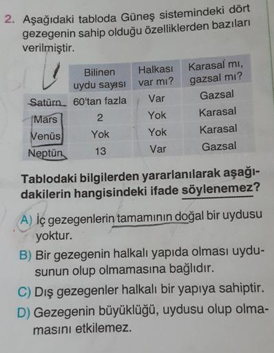 2. Aşağıdaki tabloda Güneş sistemindeki dört
gezegenin sahip olduğu özelliklerden bazıları
verilmiştir.
Bilinen
uydu sayısı
Satürn 60'tan fazla
Halkası
var mı?
Var
Karasal mi,
gazsal mı?
Gazsal
Karasal
Karasal
Gazsal
2
Yok
Mars
Venüs
Yok
Yok
Neptün
13
Var