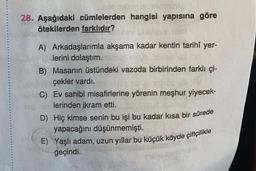28. Aşağıdaki cümlelerden hangisi yapısına göre
ötekilerden farklıdır?
A) Arkadaşlarımla akşama kadar kentin tarihî yer-
lerini dolaştım.
B) Masanın üstündeki vazoda birbirinden farklı çi-
çekler vardı.
C) Ev sahibi misafirlerine yörenin meşhur yiyecek-
lerinden ikram etti.
D) Hiç kimse senin bu işi bu kadar kısa bir sürede
yapacağını düşünmemişti.
E) Yaşlı adam, uzun yıllar bu küçük köyde çiftçilikle
geçindi.