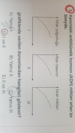 3. Kanındaki antidiüretik hormon (ADH) miktarı artan bir
bireyde,
İdrar yoğunluğu
Kan basıncı
A İdrar miktarı
II
grafiklerde verilen durumlardan hangileri gözlenir?
A) Yalnızı.
A
B) Yalnız II. C) Yalnız III.
D) I ve II.
DI
E) II ve III.

