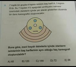 6.
7 kişilik bir grupta 4 kişinin isminin baş harfi A; 3 kişinin
B'dir. Bu 7 kişiden 4'ü aşağıdaki amfitiyatro sahnesi
üzerindeki dairelerin içinde yer alarak gösterilen düzende
bir dans kareografisi oluşturacaktır.
SAHNE
Buna göre, mavi boyalı dairelerin içinde olanların
isimlerinin baş harflerinin aynı olduğu kaç kareografi
oluşturulabilir?
A) 48
B) 120
C) 144
D) 72
E) 96