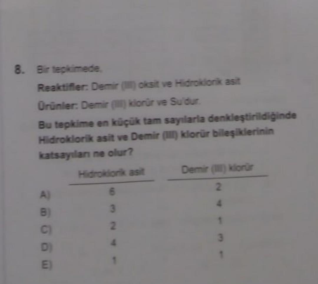 8. Bir tepkimede
Reaktifler: Demir () oksit ve Hidroidonik asit
Orünler: Demir Klorür ve Su dur
Bu tepkime en küçük tam sayılarla denkleştirildiğinde
Hidroklorik asit ve Demir (I) klorür bileşiklerinin
katsayılan ne olur?
Hidrokdonk asit Demir () Klorür
A
6
2
4
B
3
C
2
4
3
E
